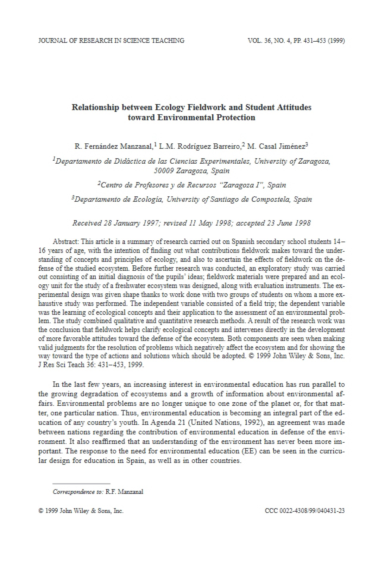 Environmental Protection Attitudes and Ecology Fieldwork Relationship