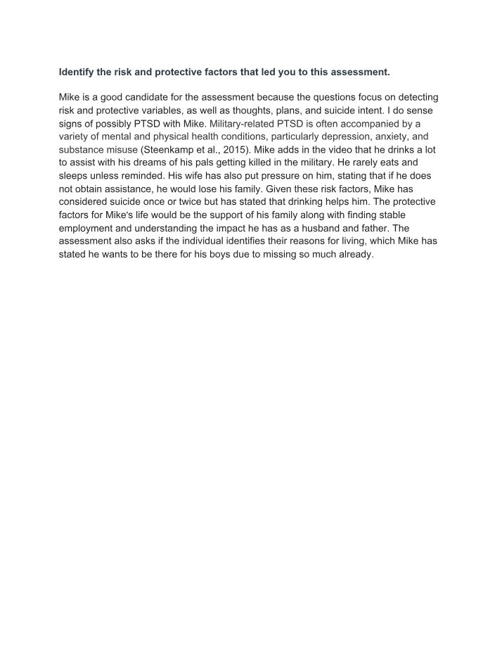 Mental Health Assessment - Risk and Protective Factors