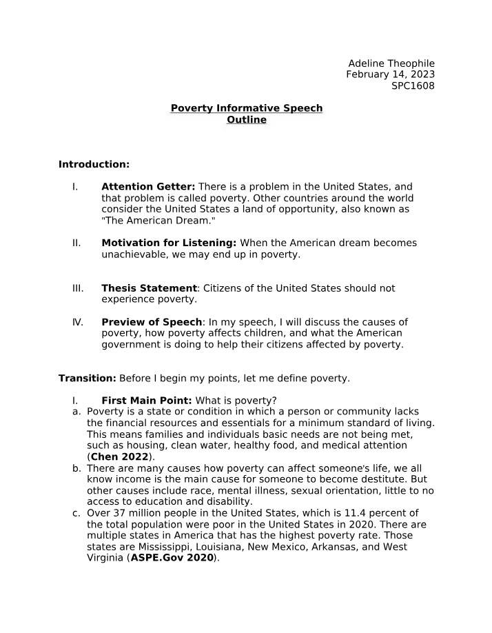 Informative Speech Outline - Poverty