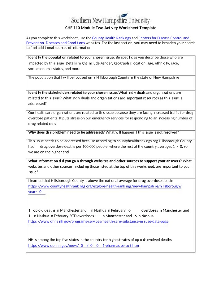 Worksheet Template for CHE 110 Module Two Activity