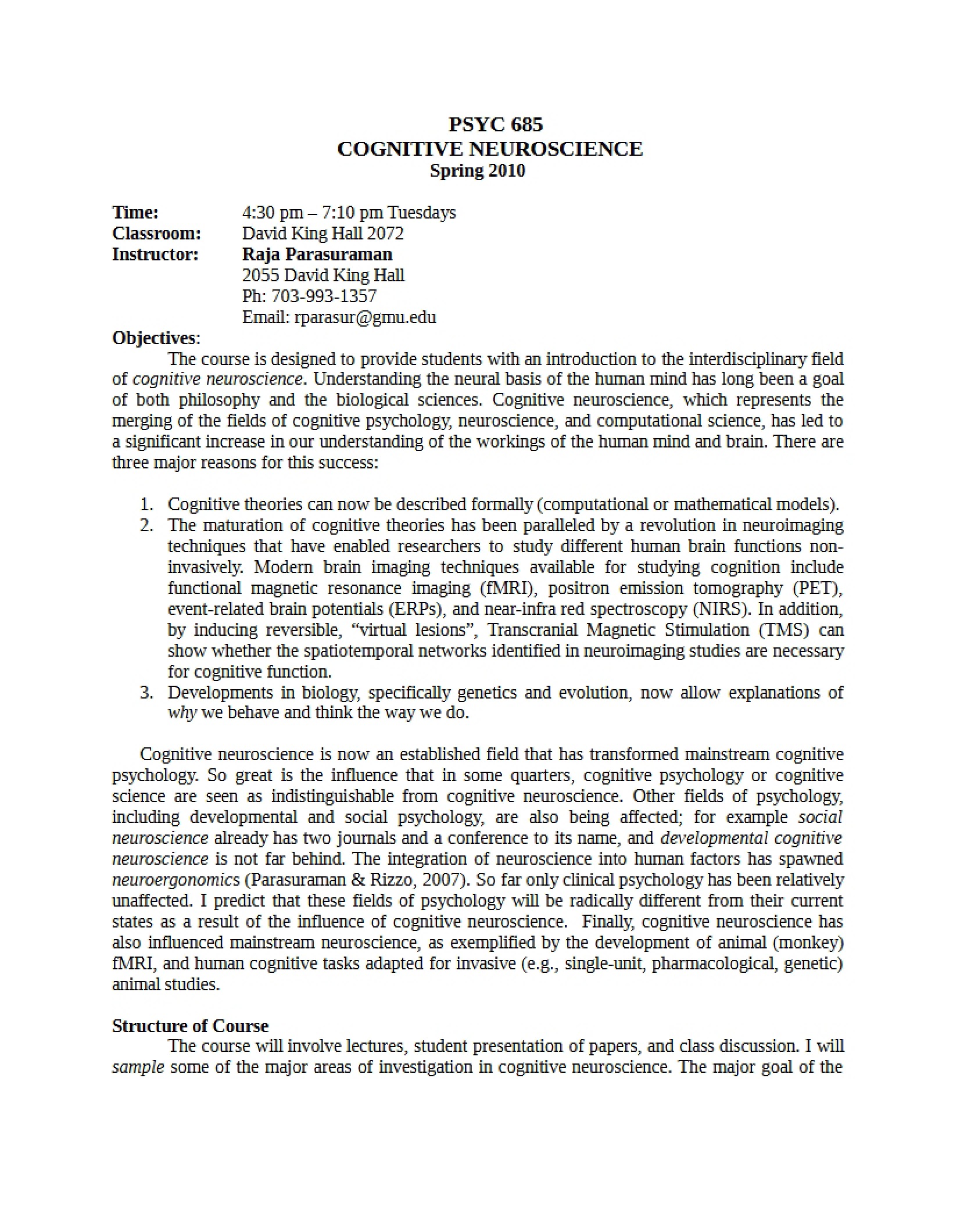 Cognitive Neuroscience Syllabus
