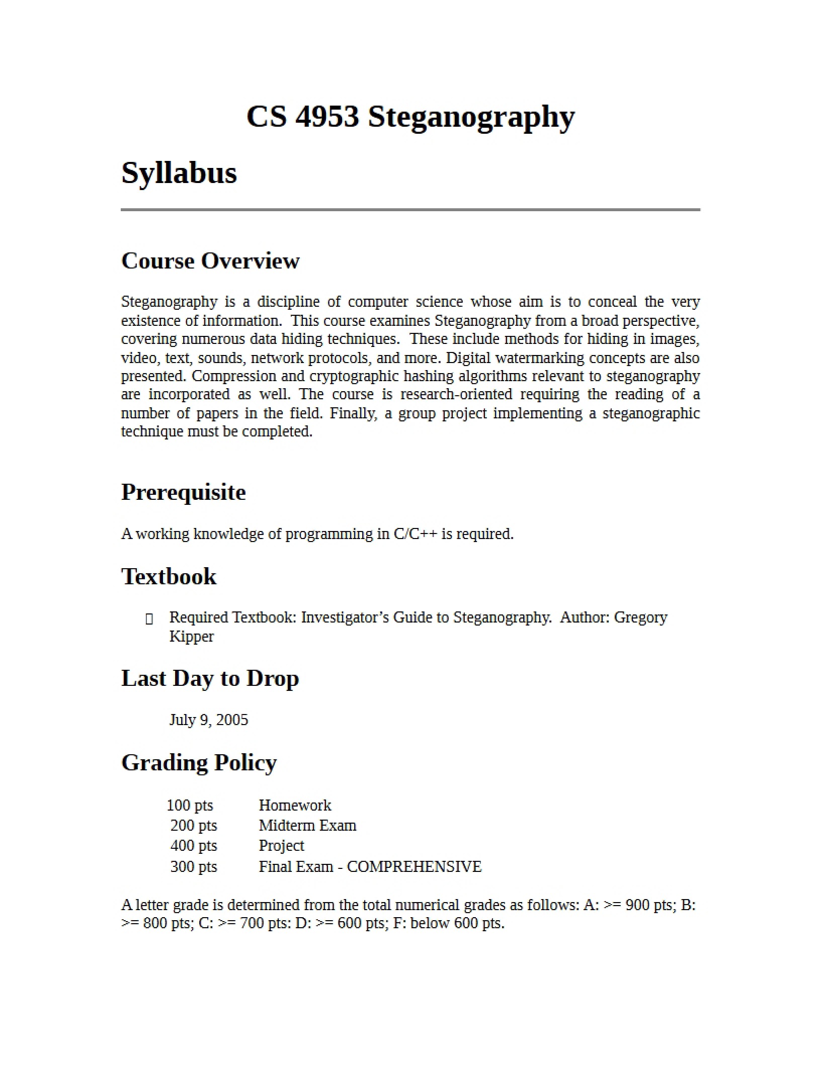 Special Studies in CS Course Outline