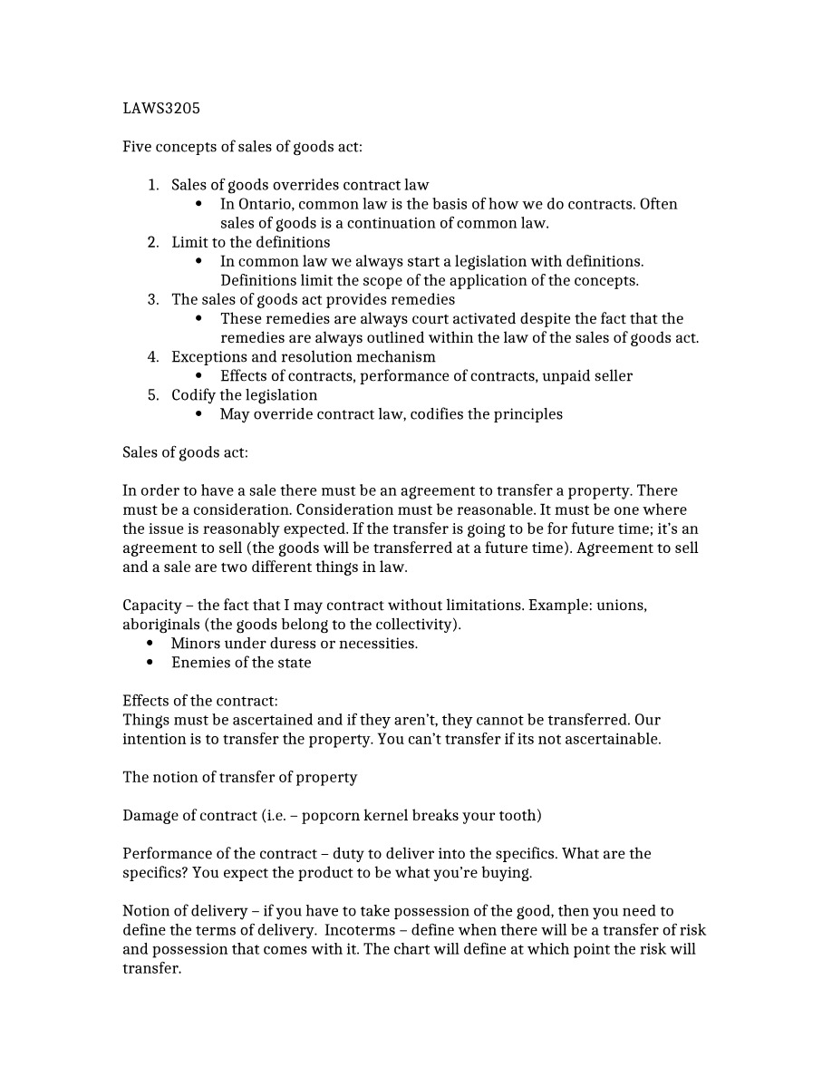 Sales of Goods Act Concepts - LAWS3205 Midterm Preparation