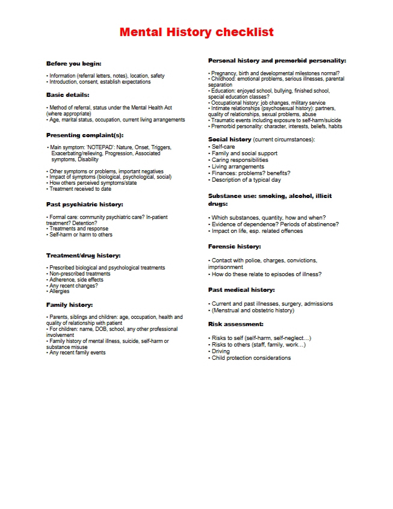 Checklist of Mental History