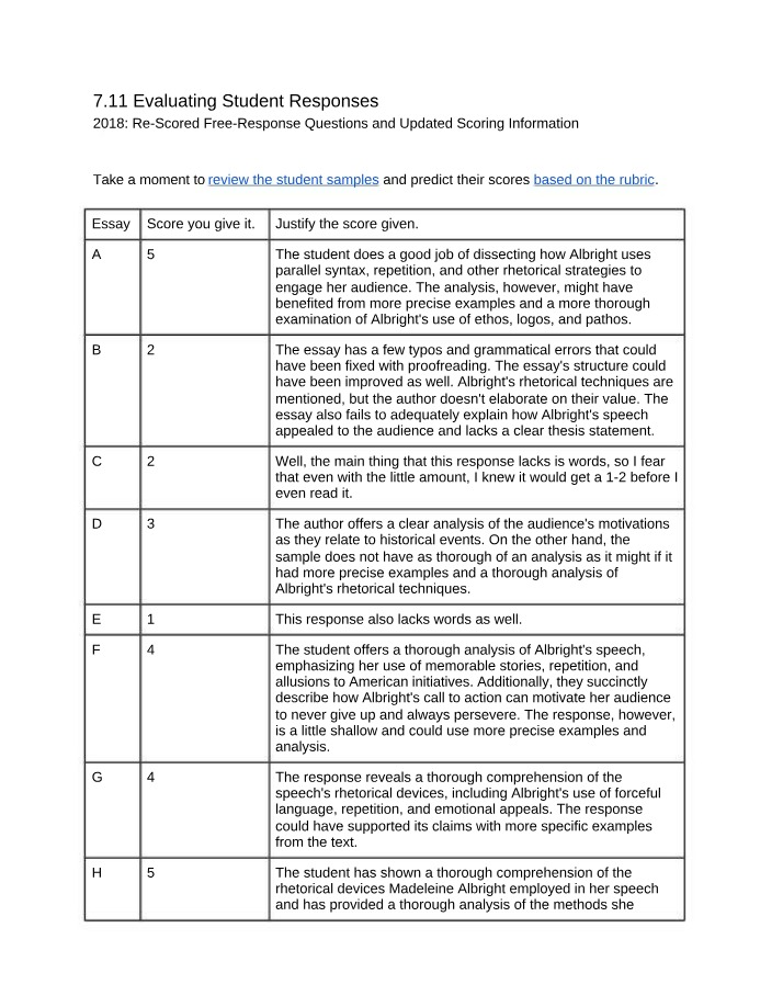 Evaluating and Scoring Student Essay Responses