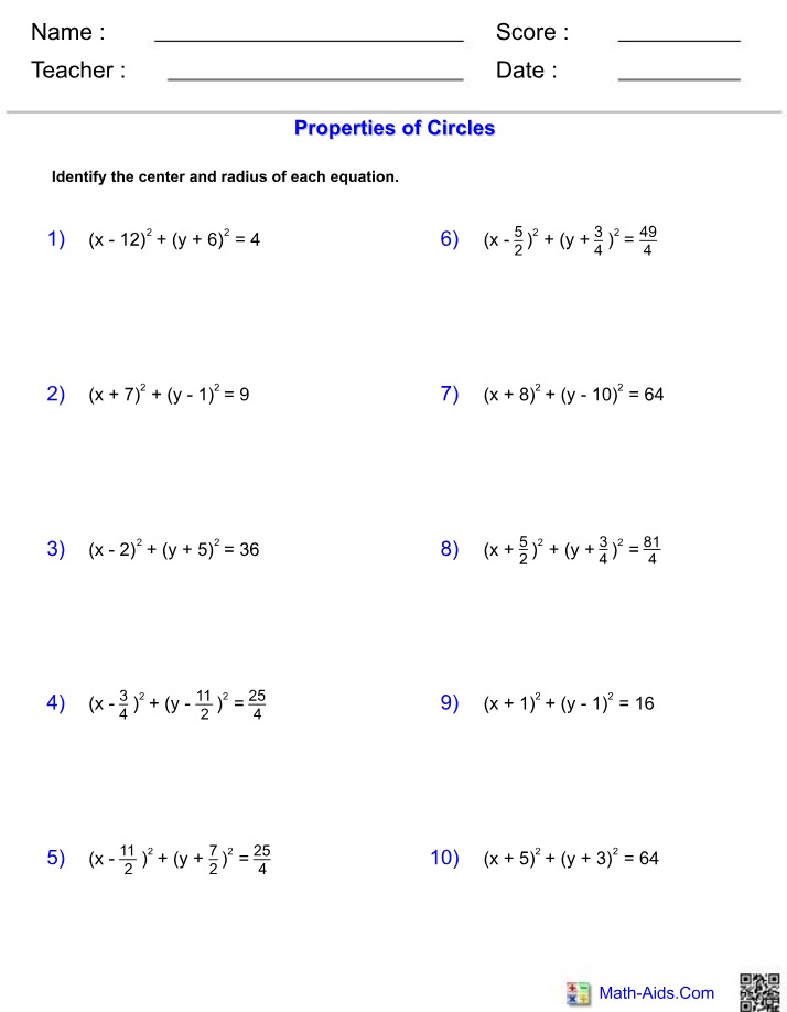 Worksheet on the Properties of Circles