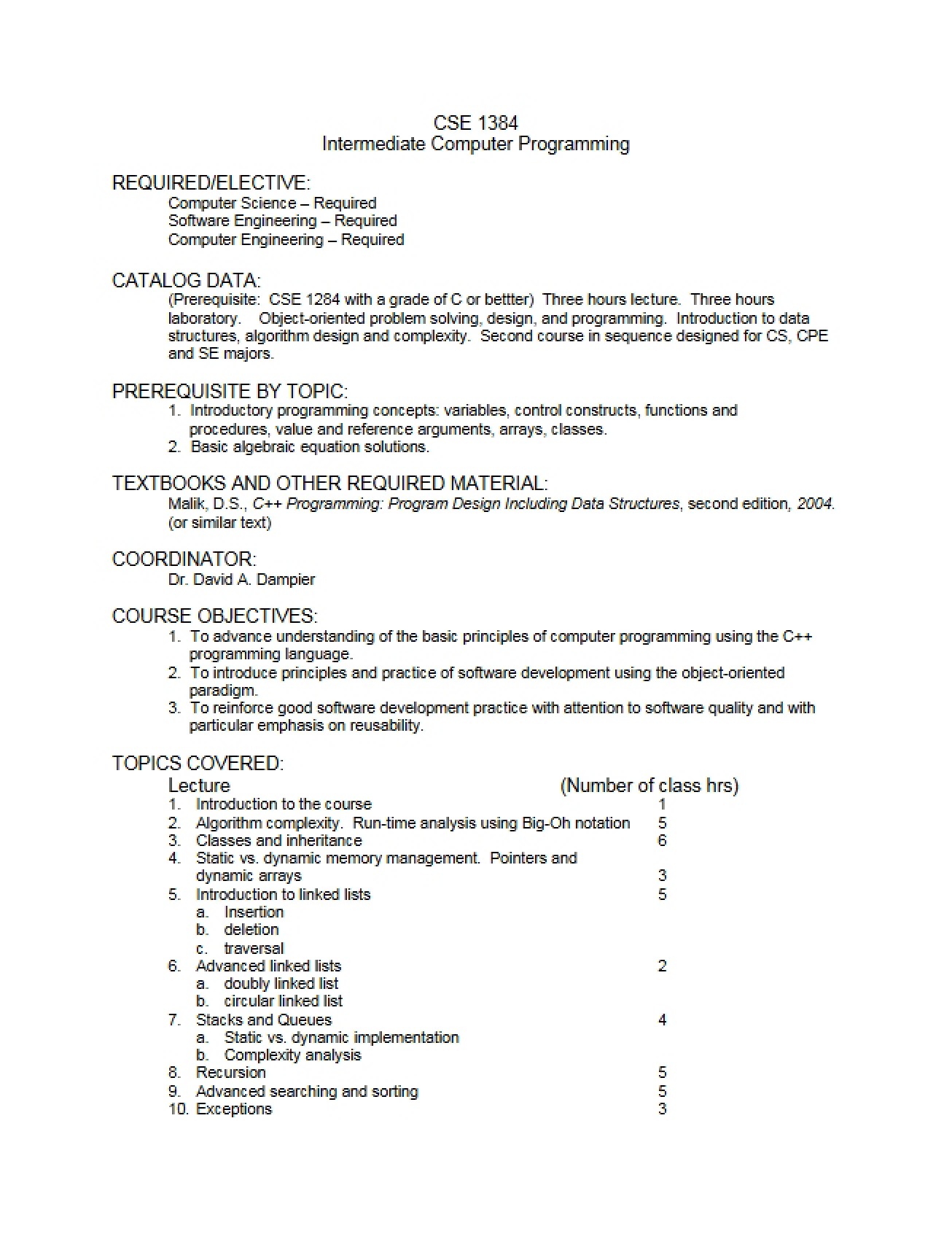 Syllabus for CSE 1384