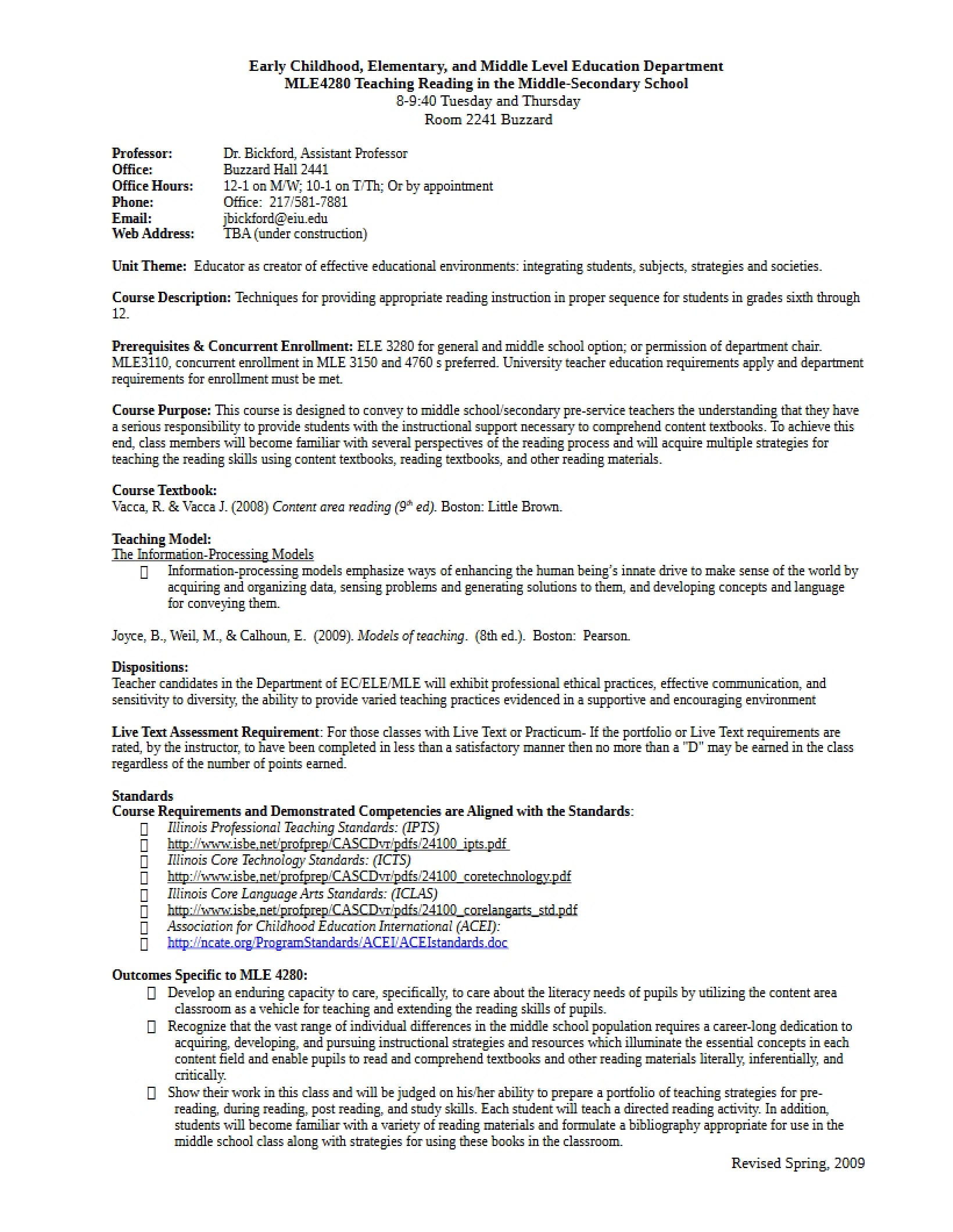 Content Area Reading General Syllabus
