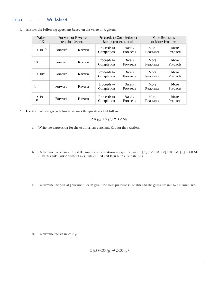 Chemical Equilibrium Worksheet - Questions and Problems