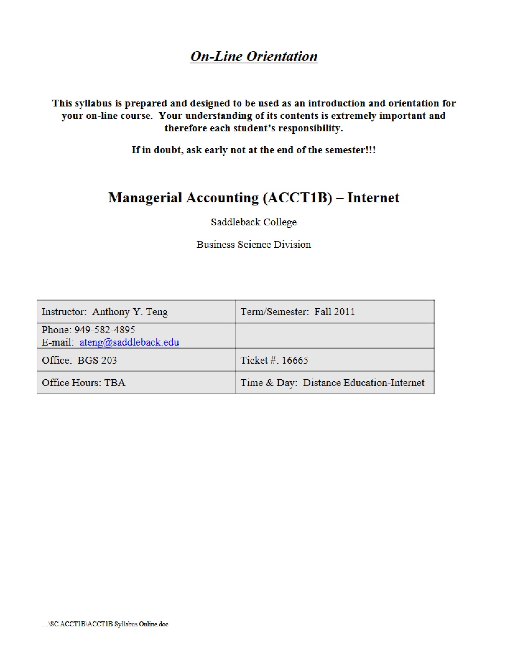 Syllabus for Managerial Accounting