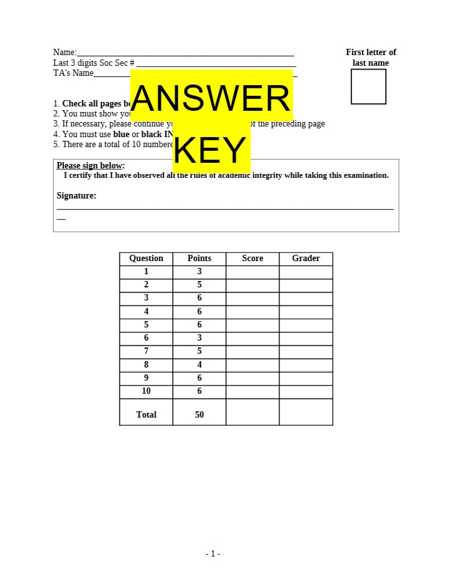 Key Sample Quiz 3 (105A)