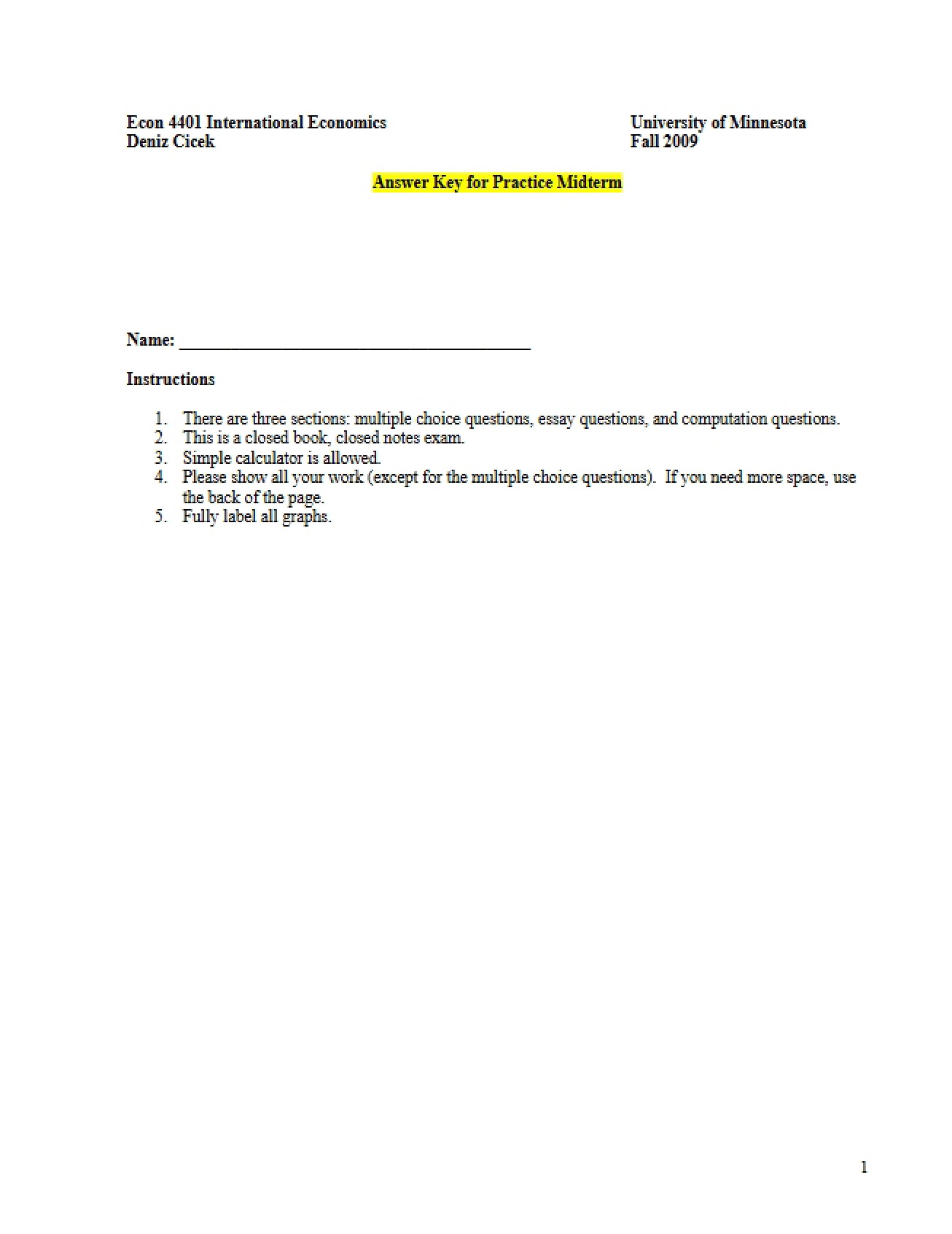 Answer Key for Practice Midterm