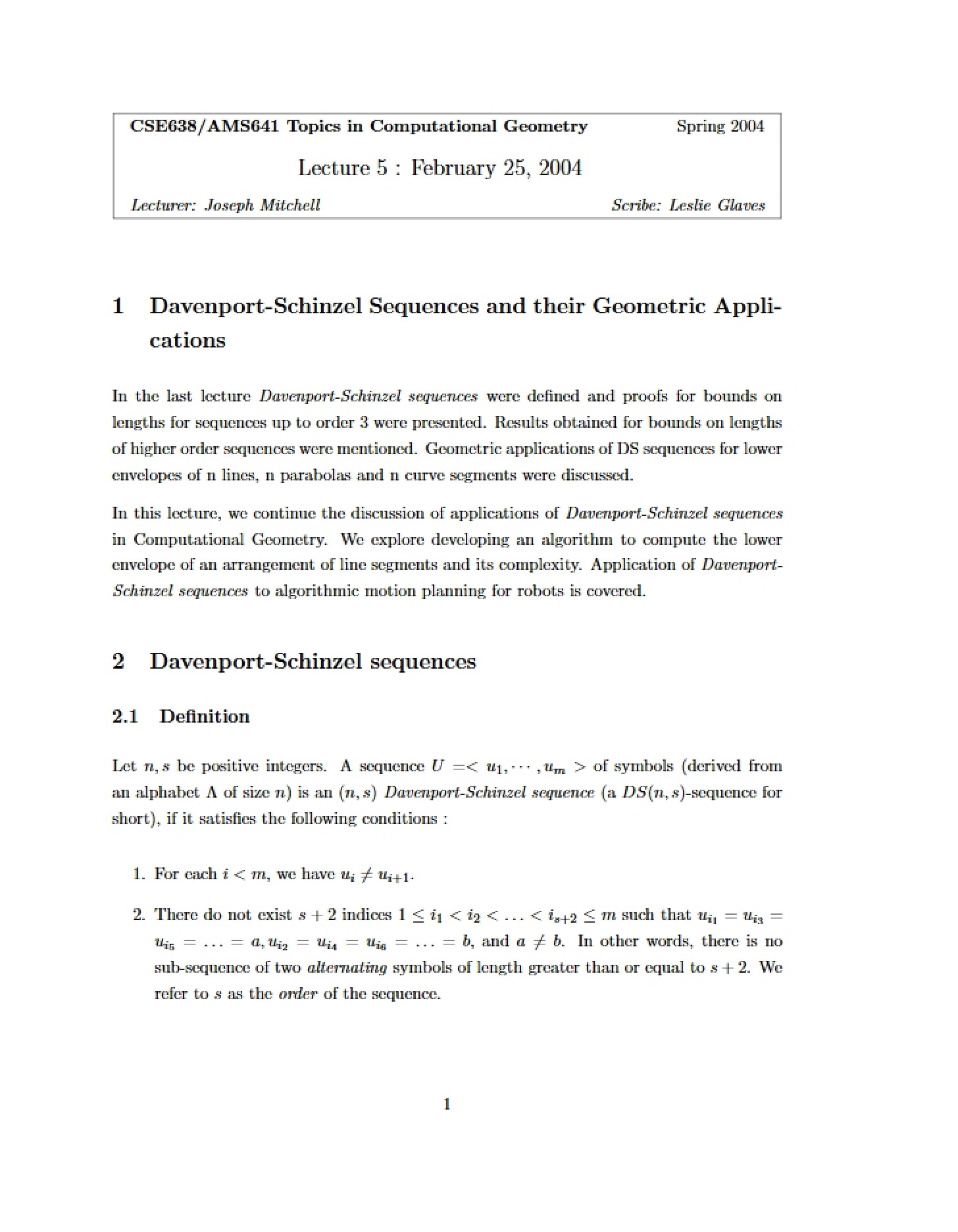 Geometric Applications of Davenport-Schinzel Sequences