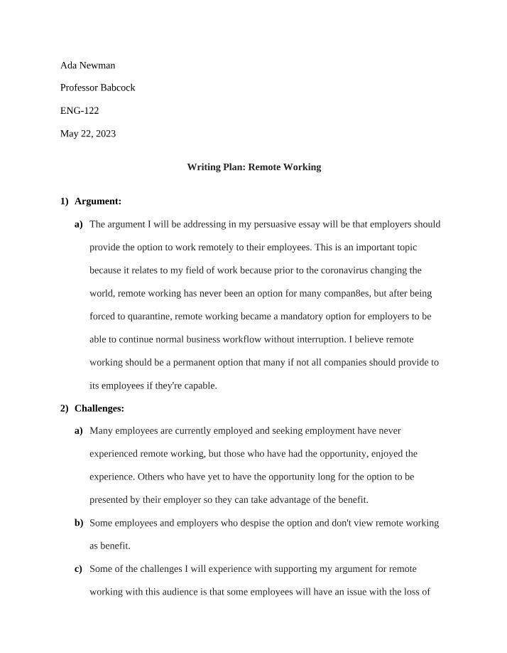 Writing Plan for Remote Working