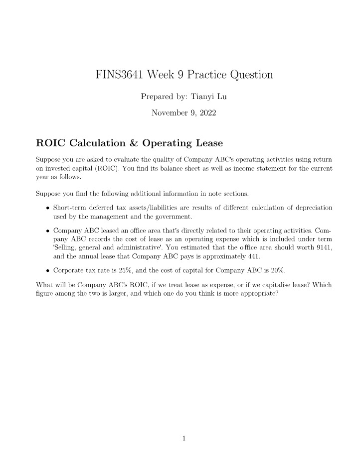 Week 9 Practice Question for FINS3641