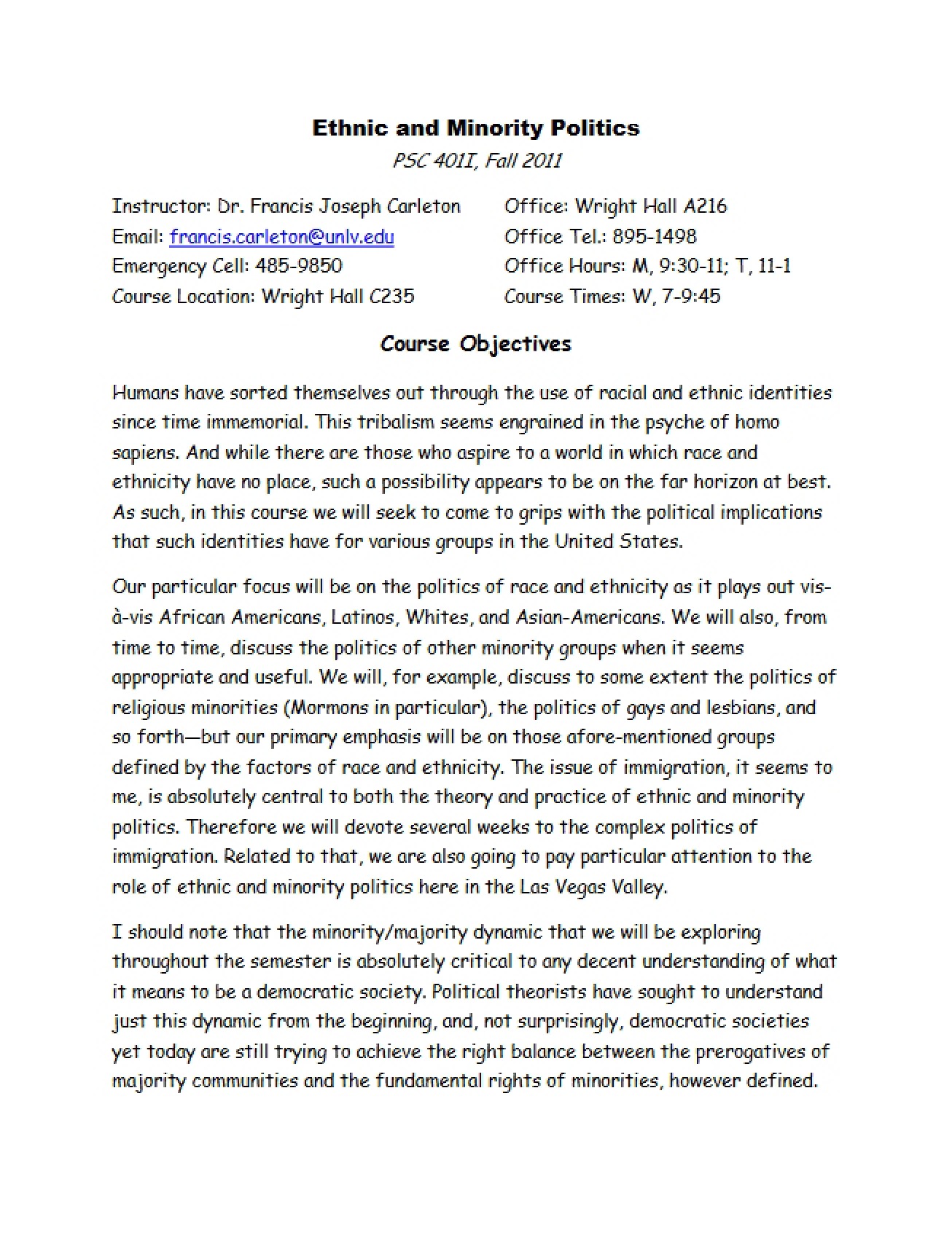 Ethnic and Minority Politics Syllabus