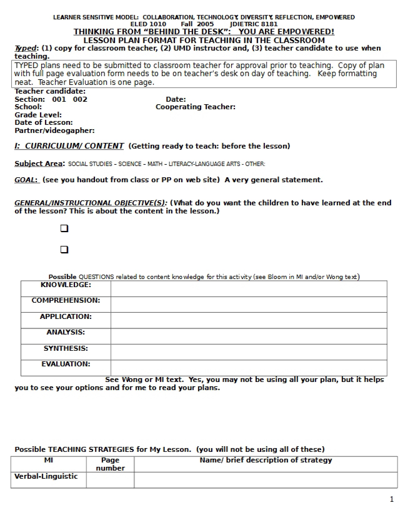 Fall 2005 Lesson Plan Practicum Directions