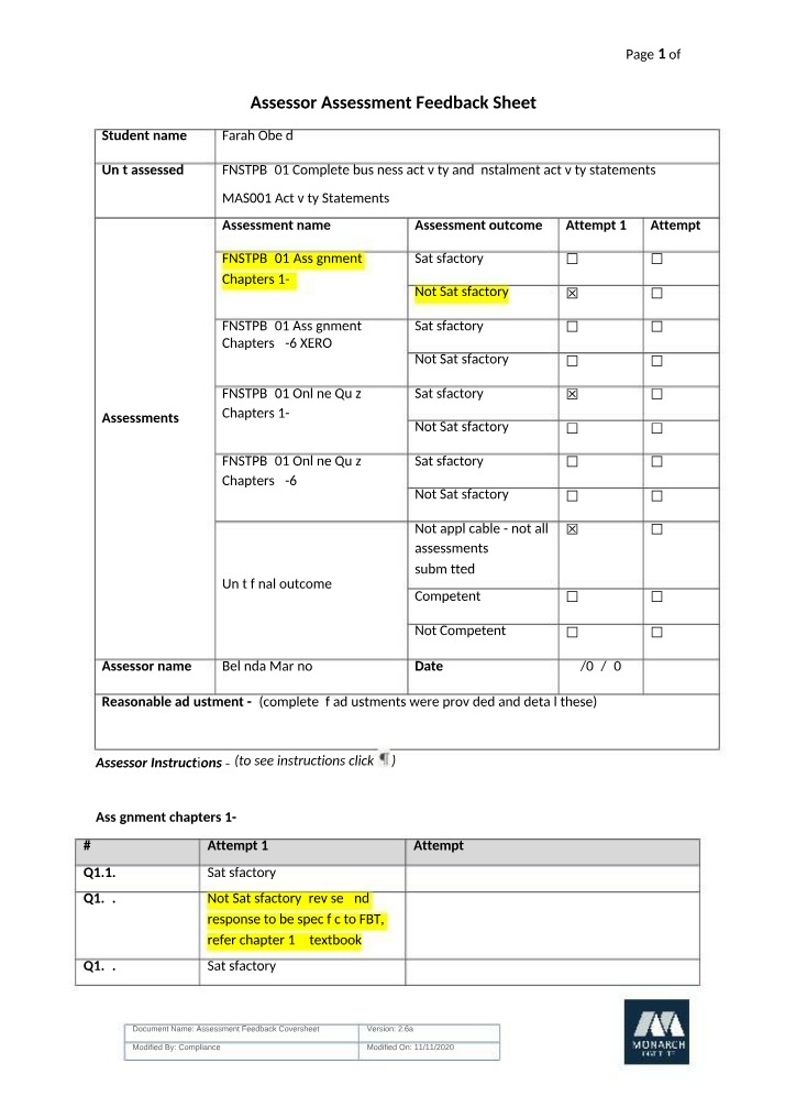 FNSTPB401 Business Activity Assessor Feedback