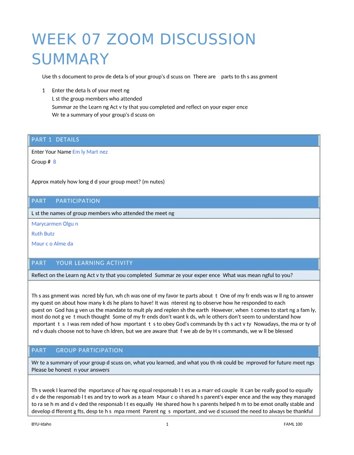 Week 07 Zoom Discussion Summary