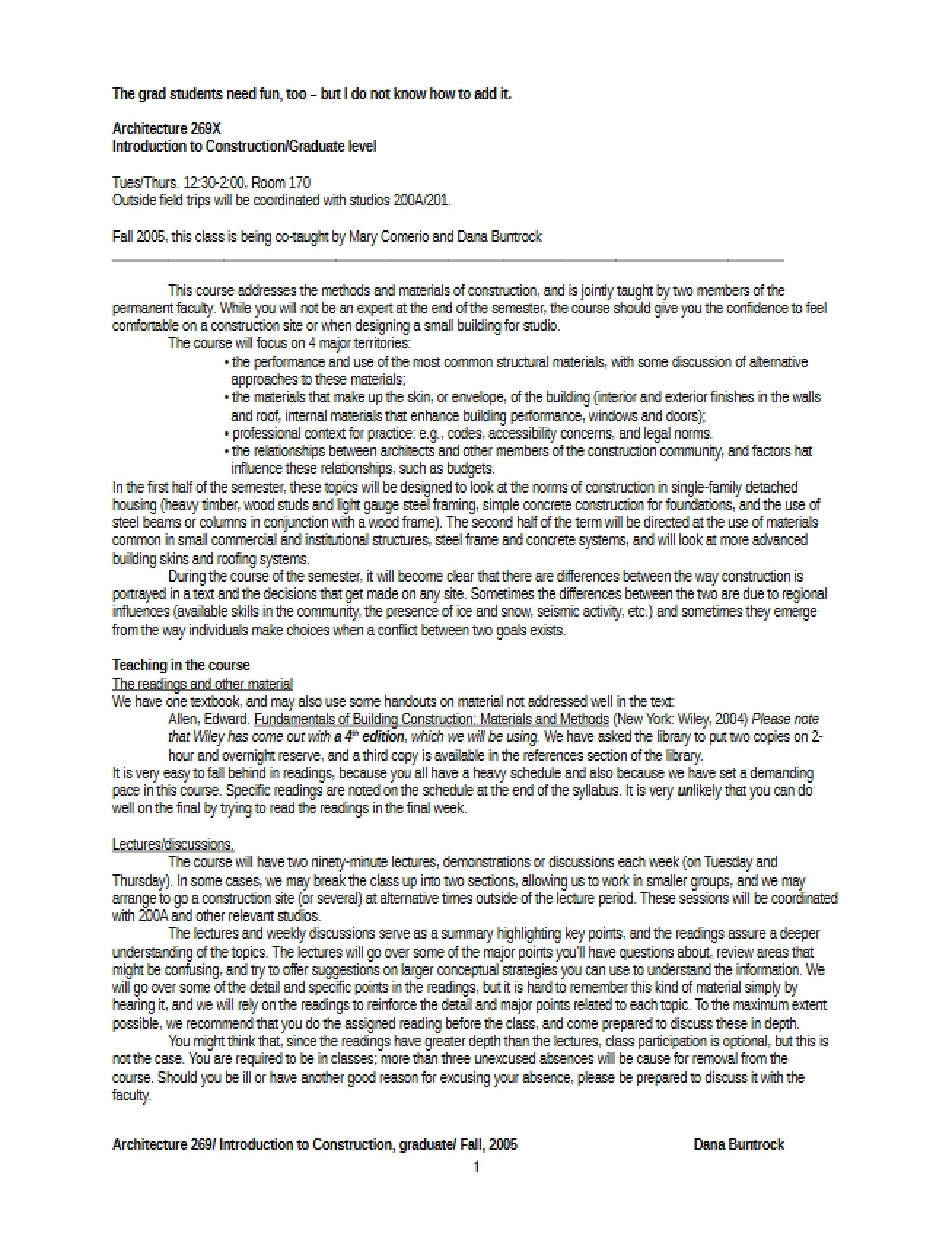 Construction and Materials Seminar Syllabus