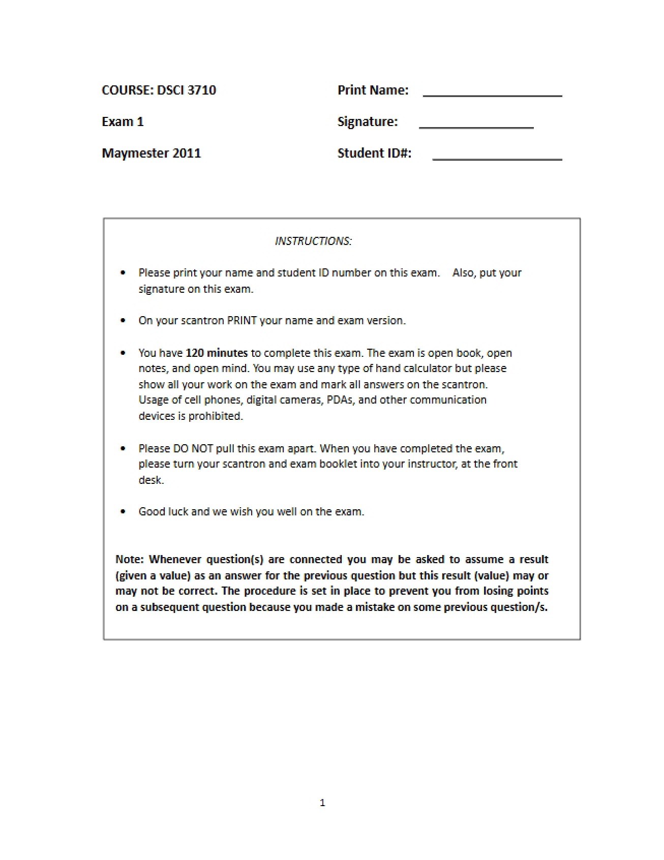 Exam One Maymester 2011