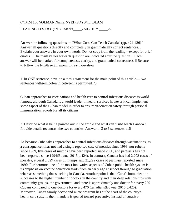 Cuba, Vaccines, and Canada - Reading Test
