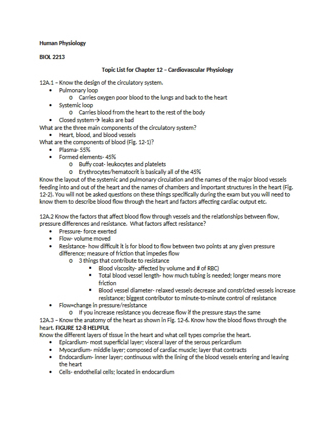 List of Topics for Cardiovascular Physiology A Look at Chapter 12