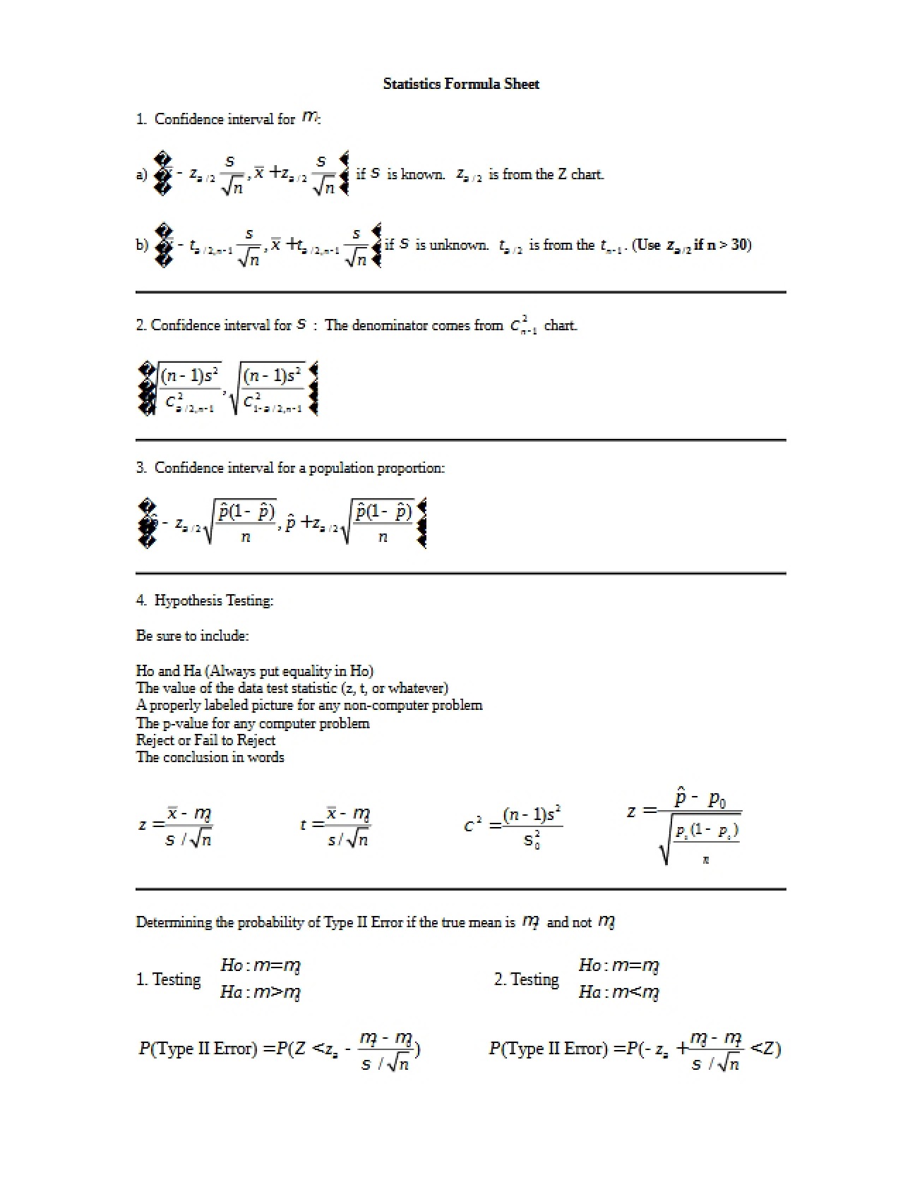 Formula Sheet for Statistics