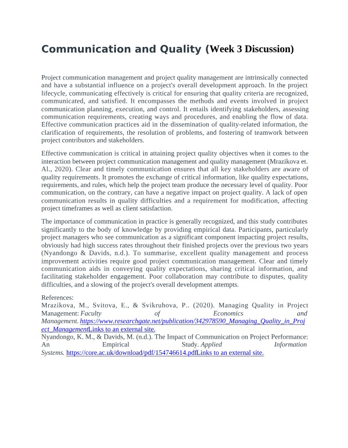 Communication and Quality Week 3 Discussion Final