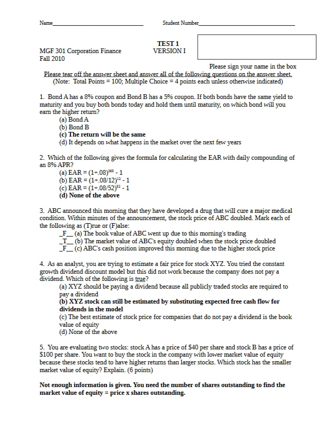 Fall 2010 Version I Test 1 Answers