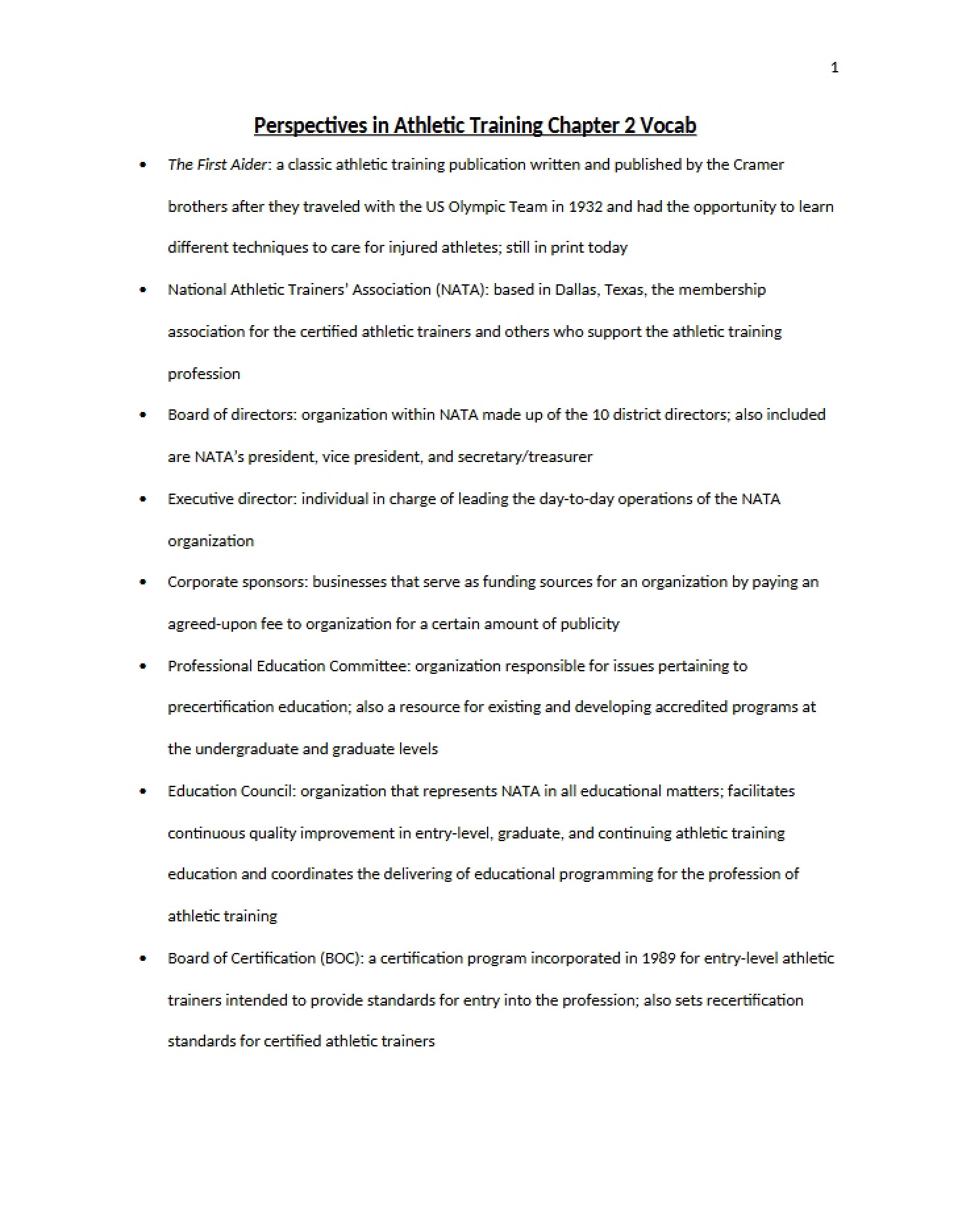 Vocab for Chapter 2 Perspectives in Athletic Training