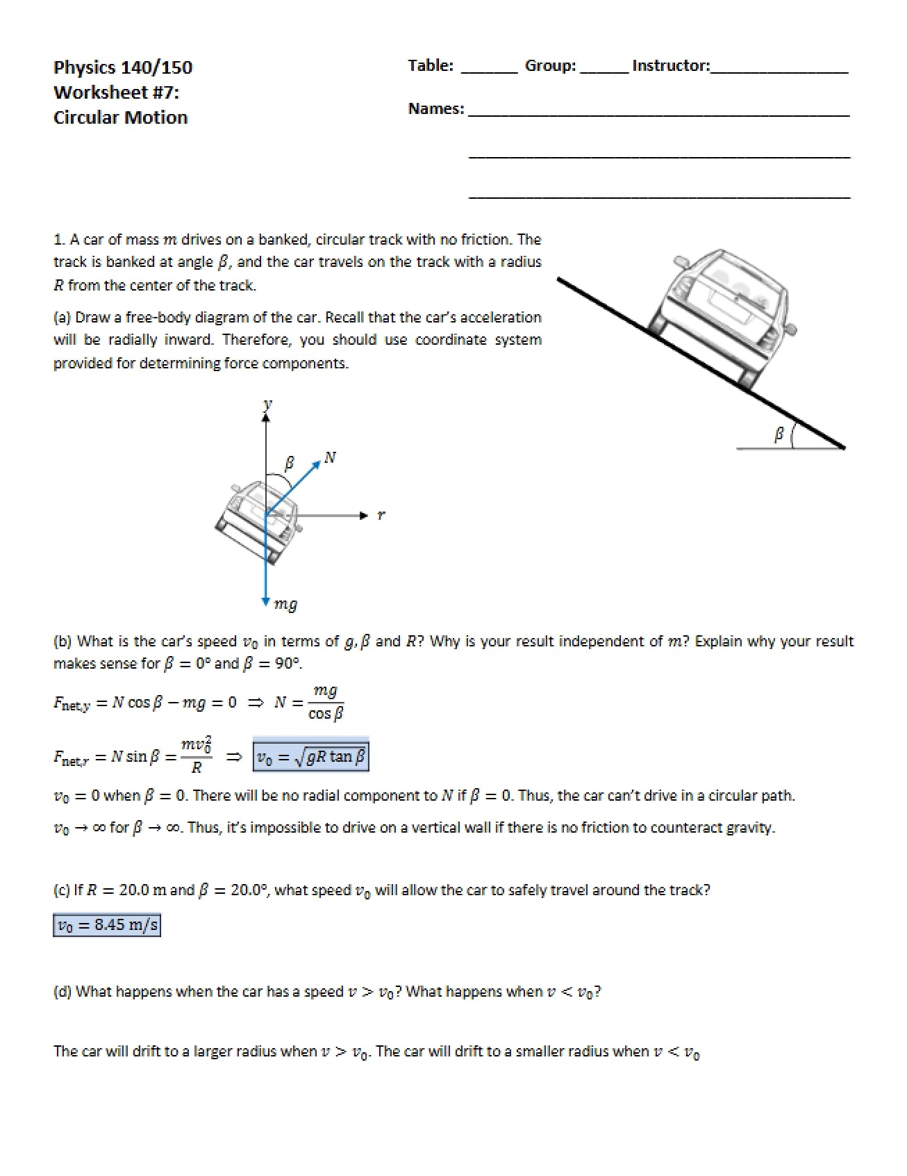 Solutions for the Seventh Worksheet on Circular Motion