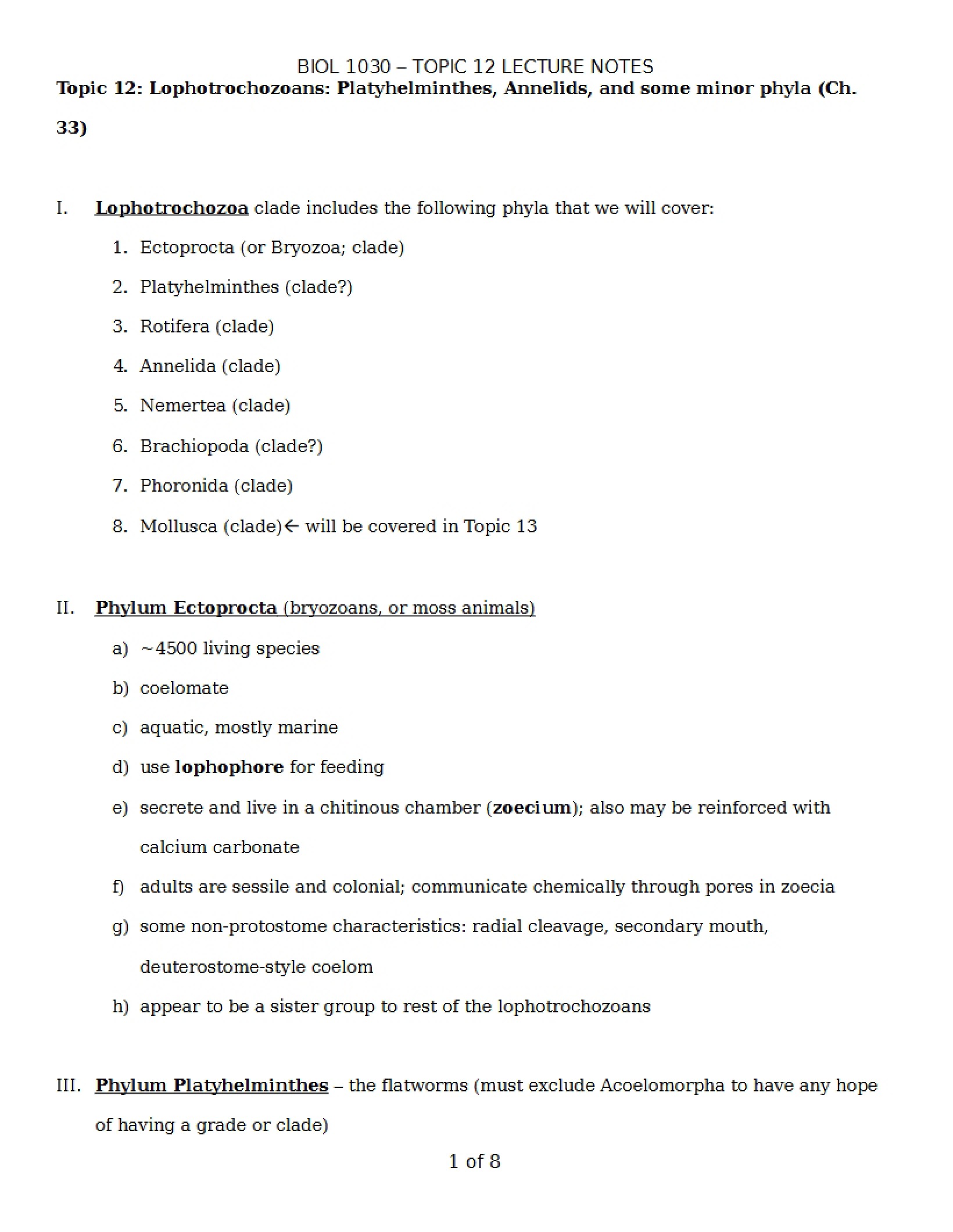 Platyhelminthes and Lophotrochozoans (Topic 12)