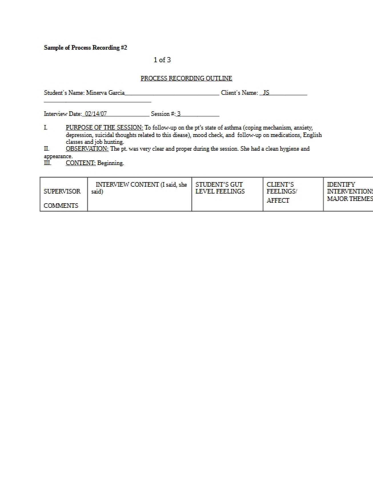 Outline for Process Recording