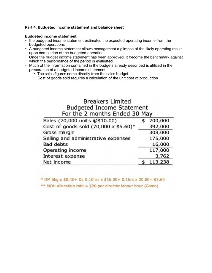 Balance Sheet and Budgeted Income Statement