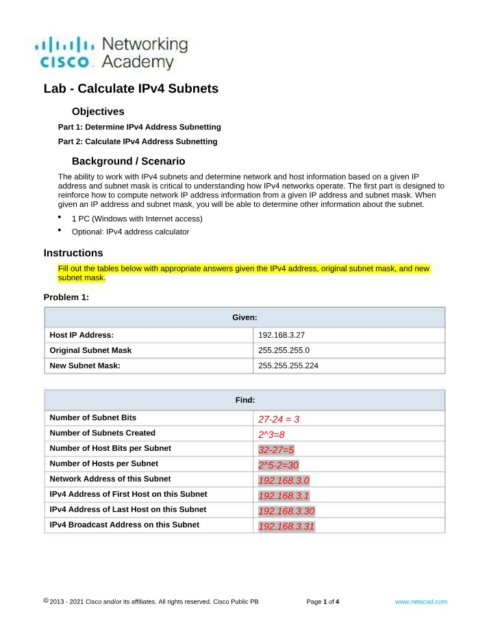 IPv4 Subnet Calculation Lab
