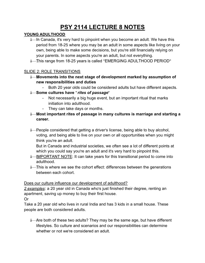 Young Adulthood - Cultural and Role Transitions