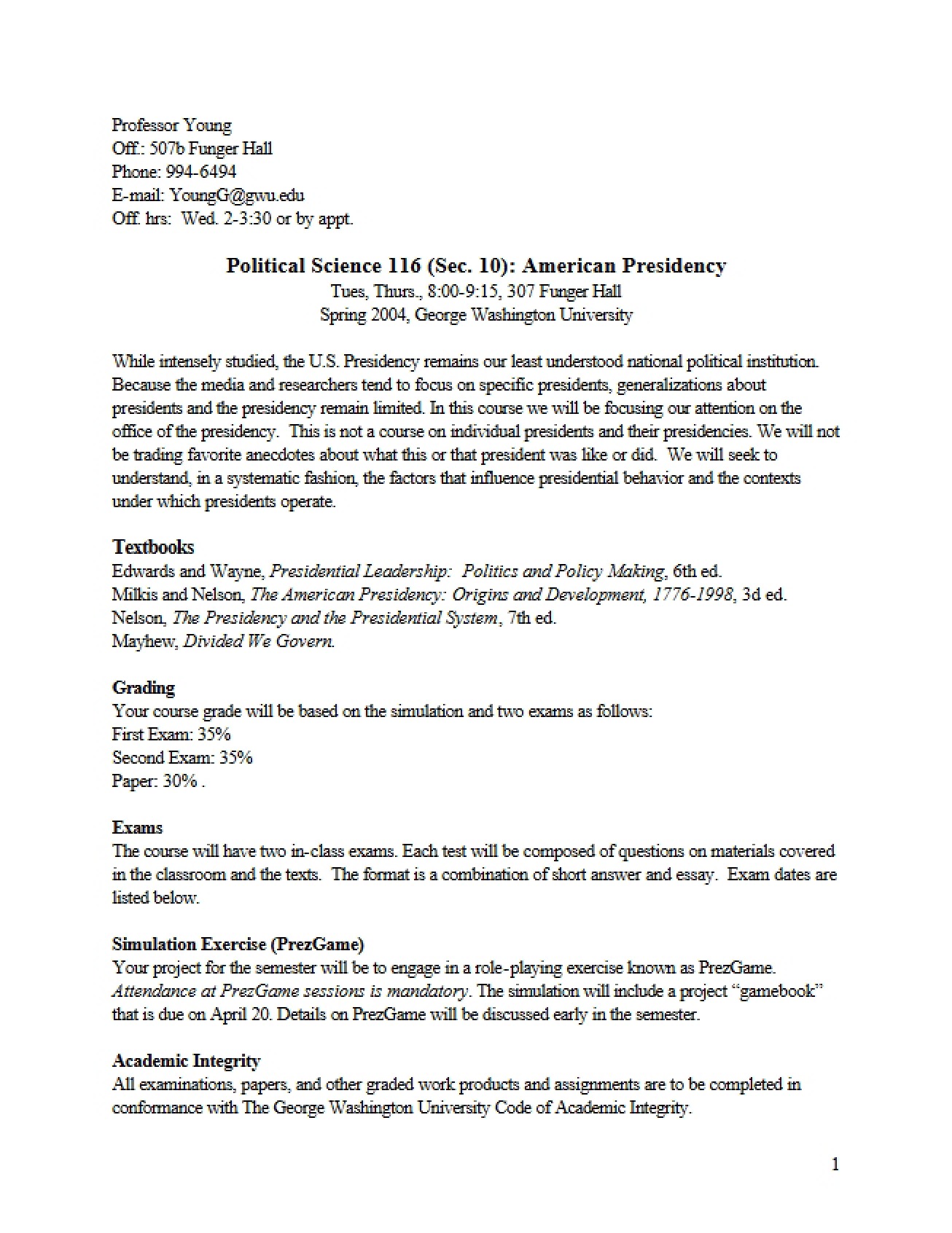 Academic Syllabus for The American Presidency
