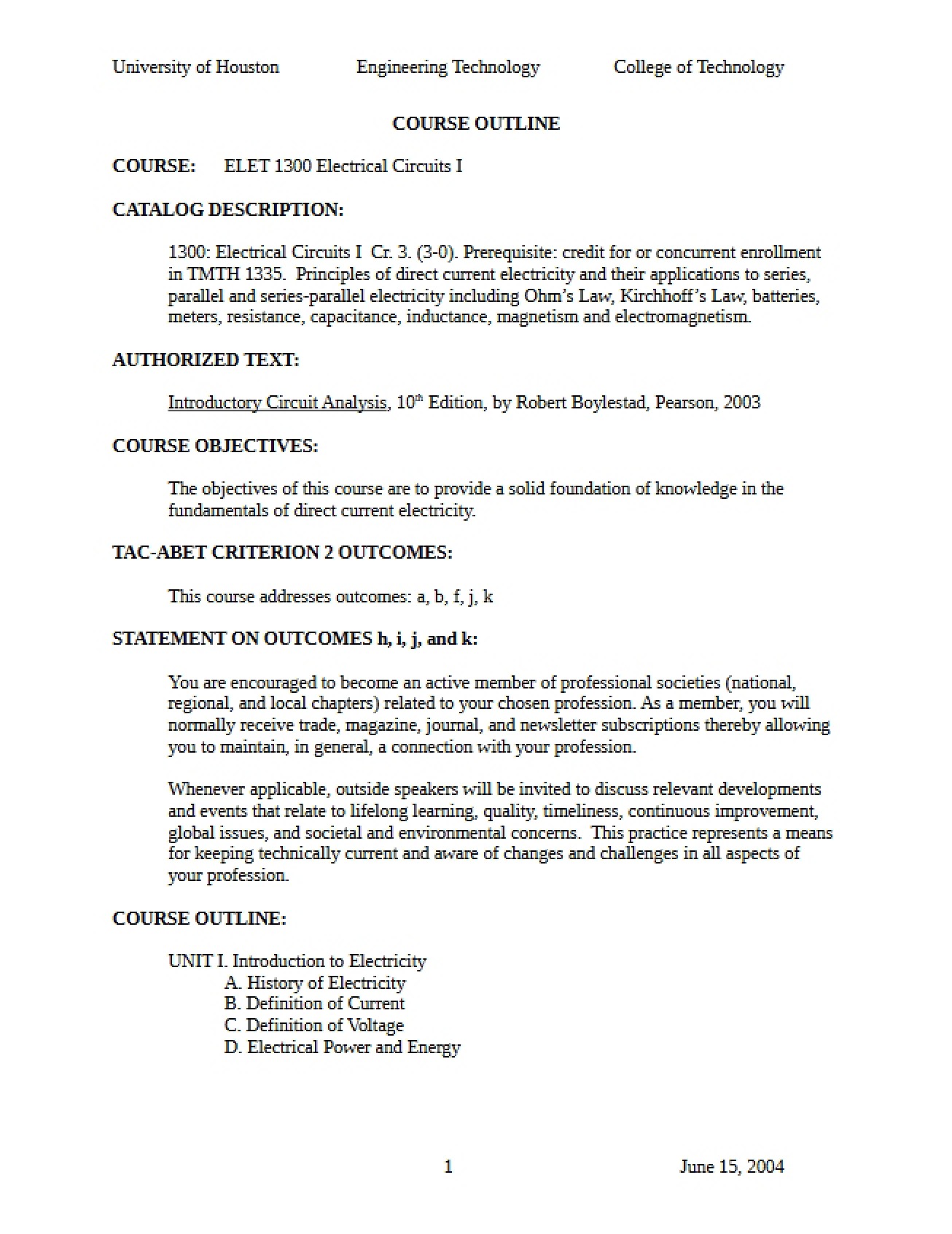 Circuit Theory Syllabus (1300)