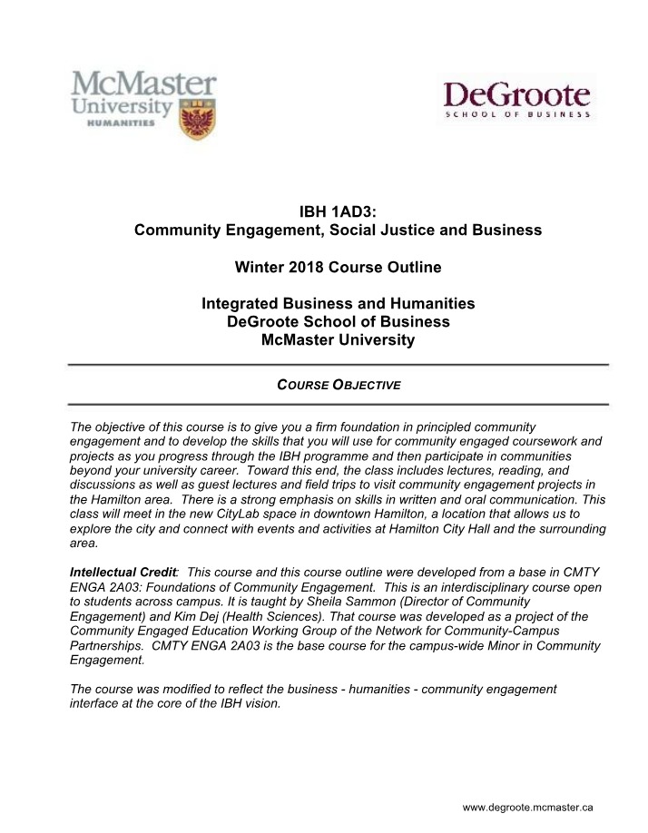 Winter 2018 Course Outline - IBH 1AD3