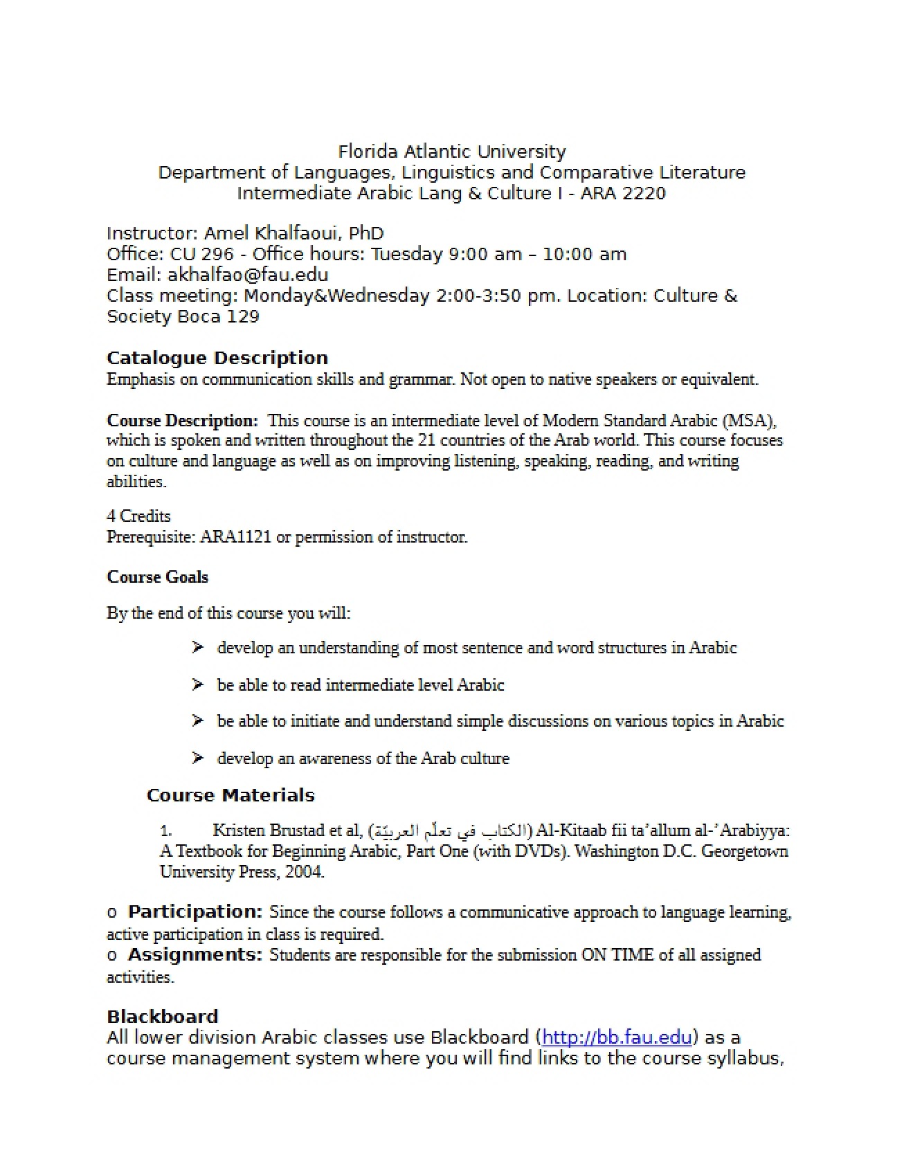 Intermediate Arabic Syllabus