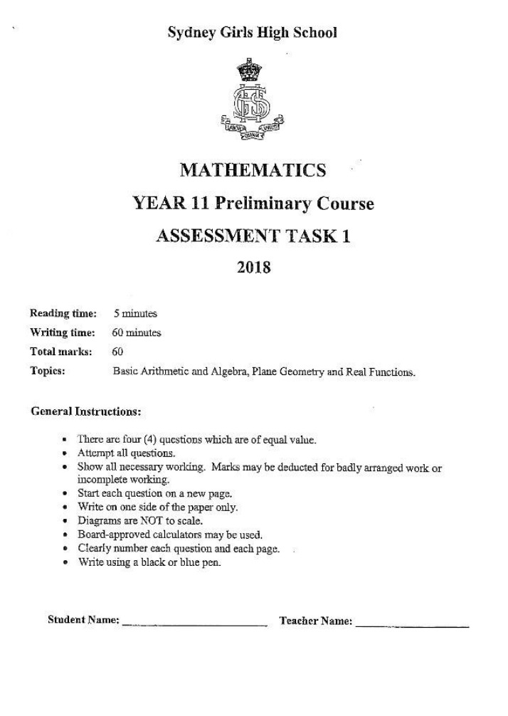 Year 11 Preliminary Mathematics Assessment Task 1