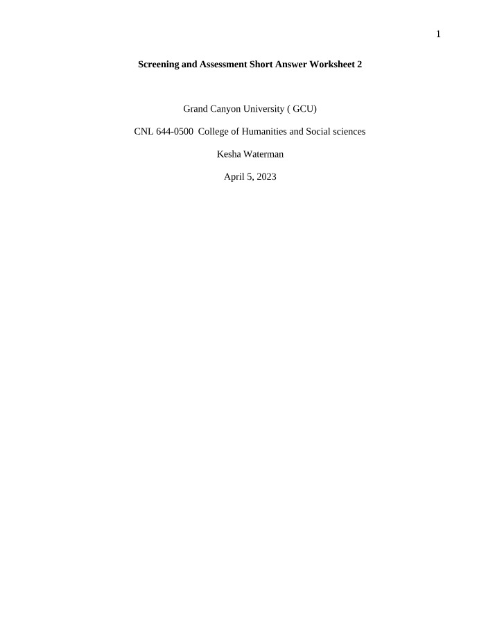 Worksheet 2 - Screening and Assessment Short Answer
