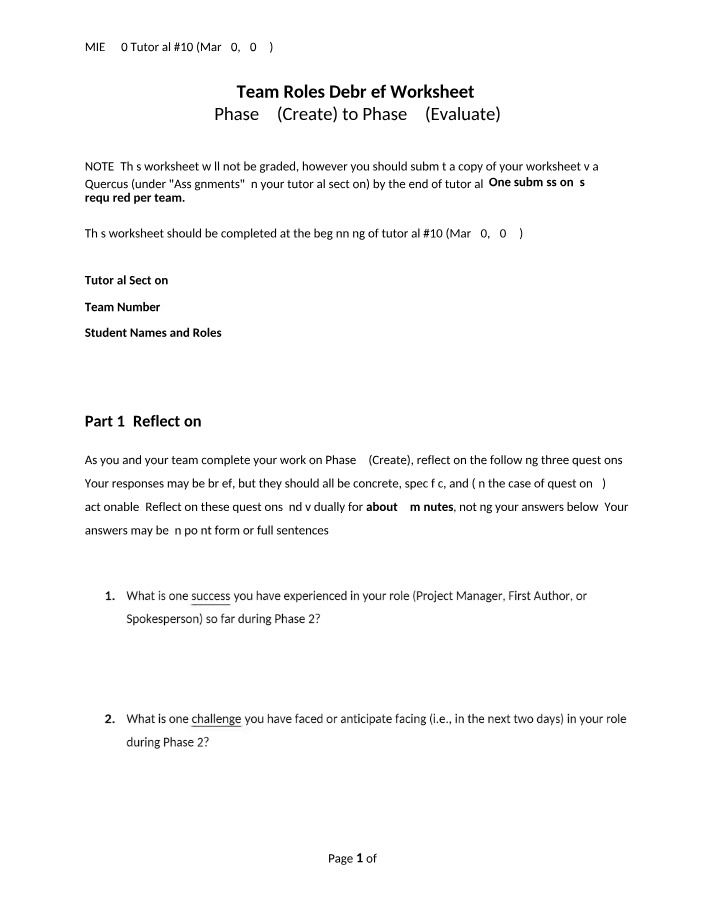 Worksheet for Team Roles Debrief
