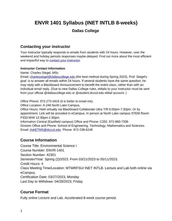 ENVR 1401 8-week Syllabus - Dallas College