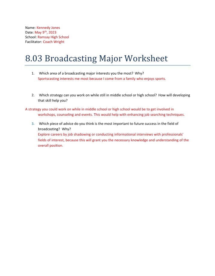 Worksheet for Broadcasting Major 8.03