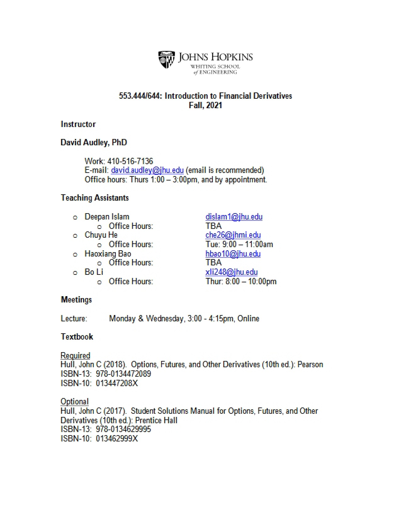 Financial Derivatives Course Outline