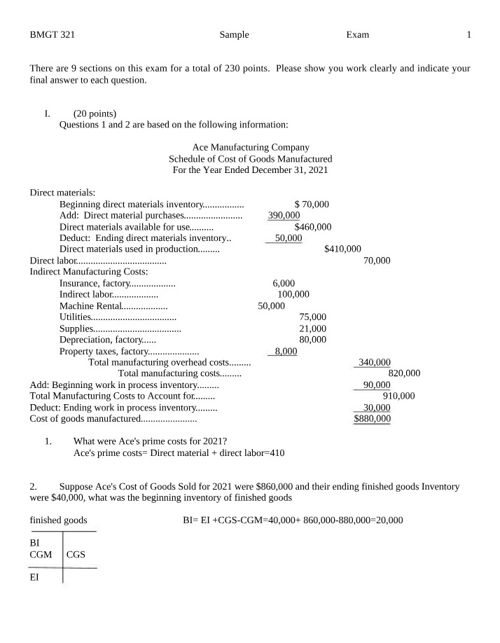 Sample Exam for BMGT 321