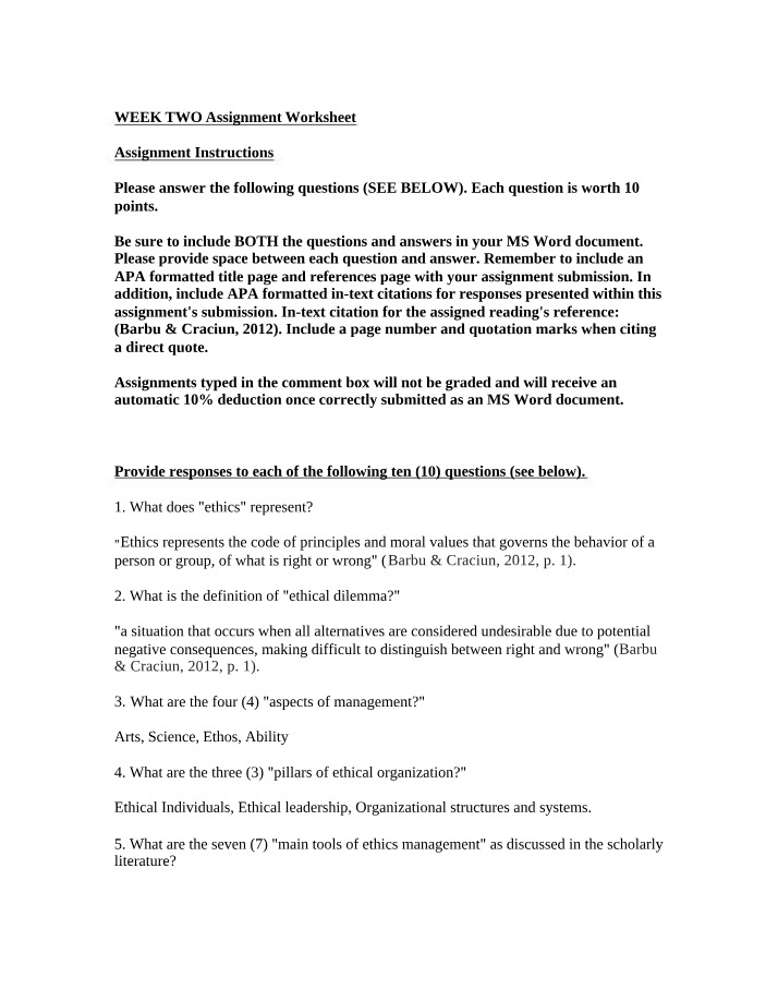 Worksheet for Week Two Assignment