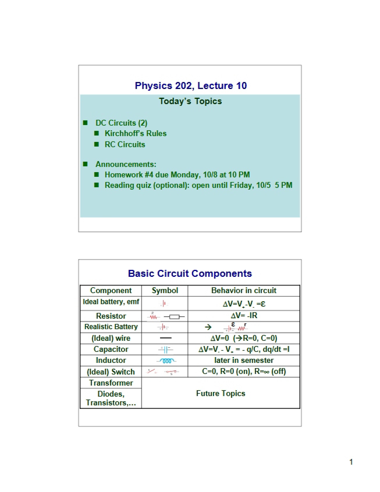 Notes for Lecture 10 (Physics 202)